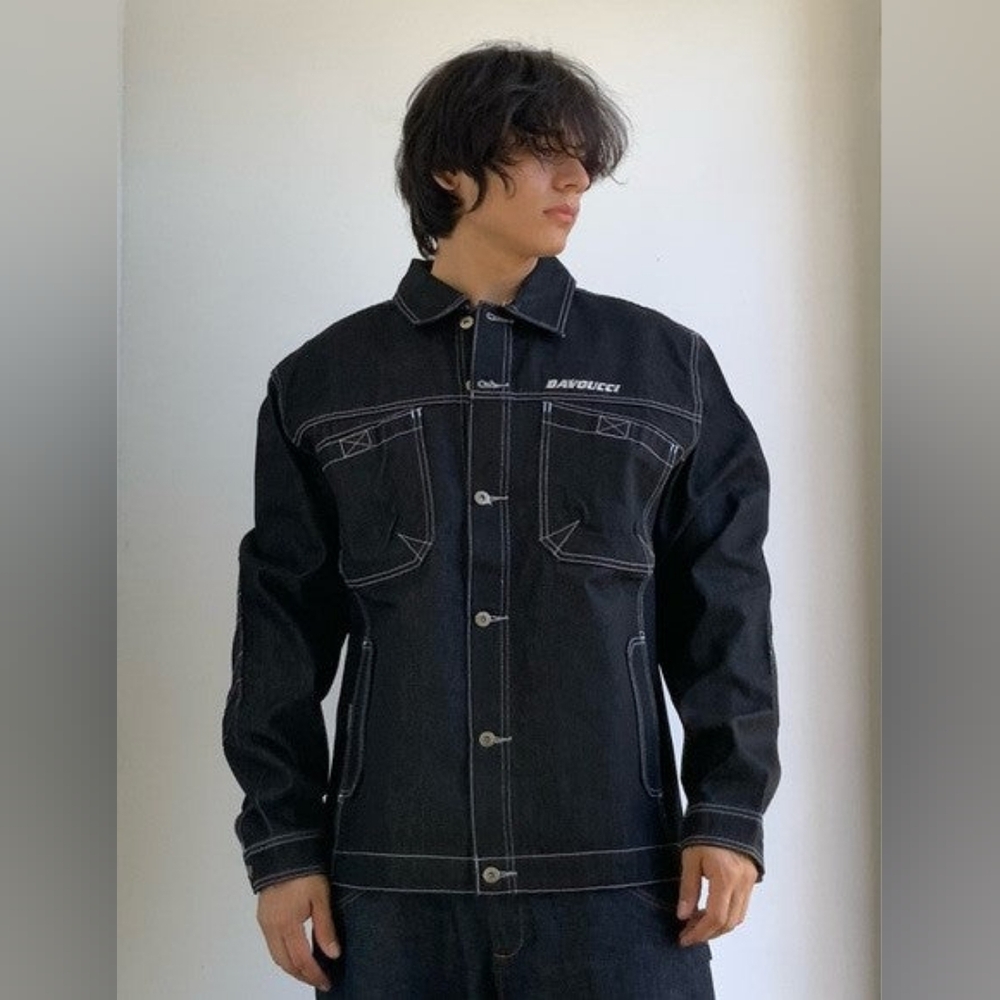 Men's Davoucci Black | Sky Blue Stitch Casual Denim Jacket NWT